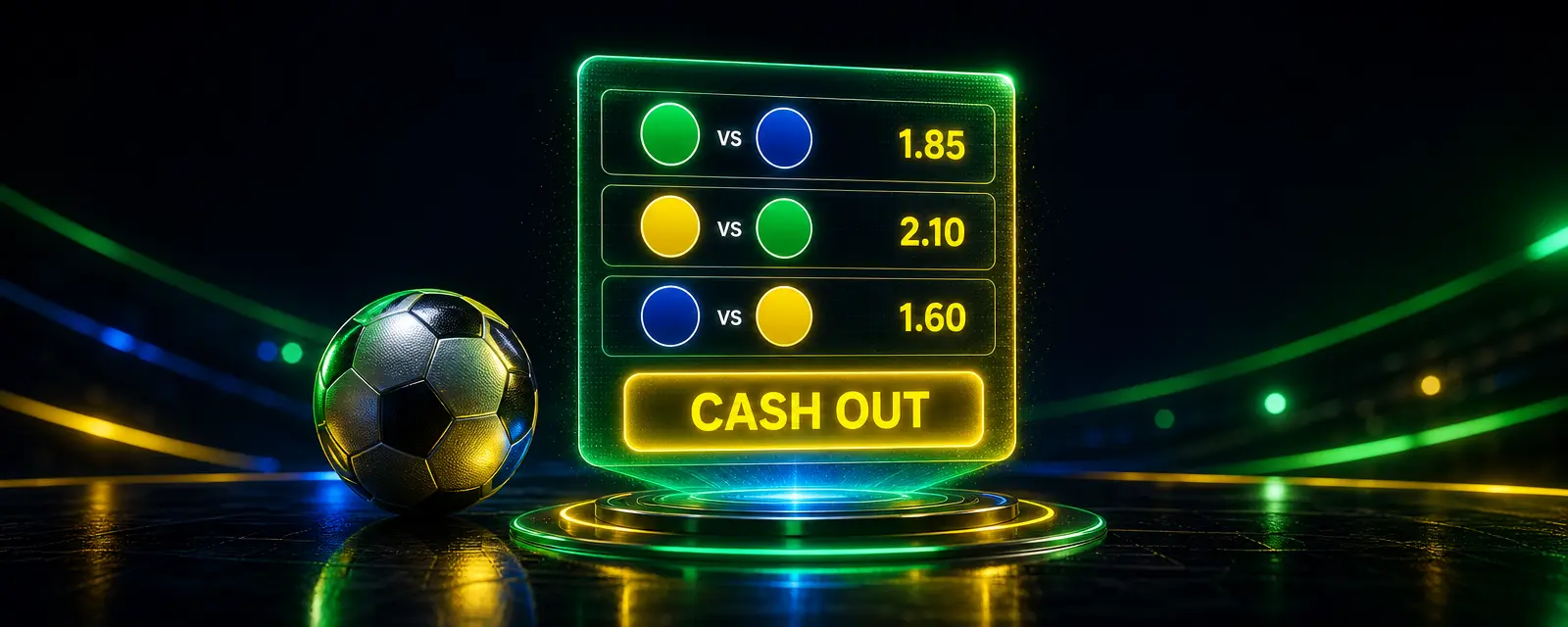 Bilhete de apostas holográfico com seleções de futebol e um botão de cash out iluminado sobre uma mesa escura