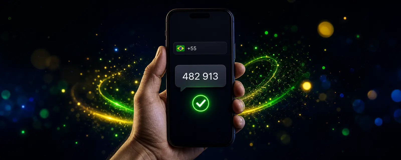 Mão segurando um celular com a tela de cadastro por número e um código SMS, com luzes verdes e amarelas ao fundo