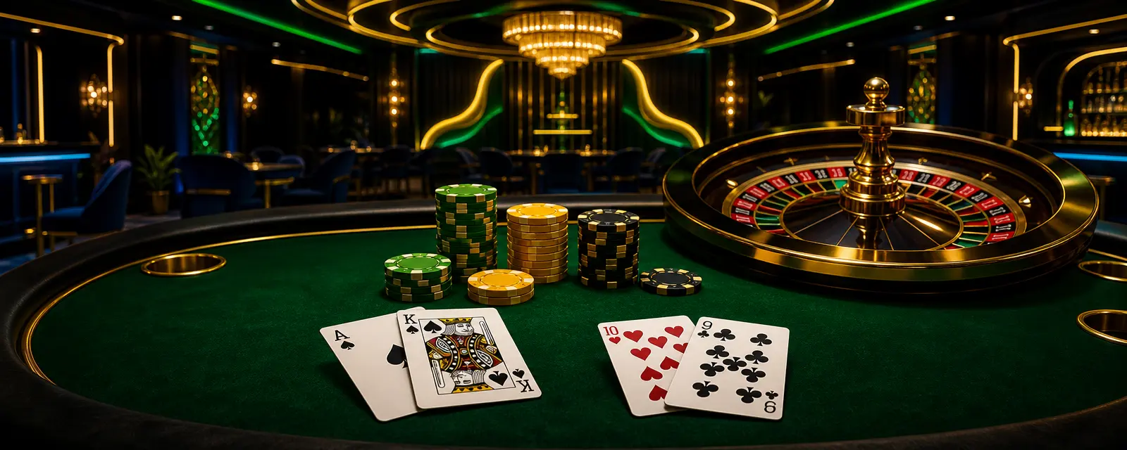 Mesa de blackjack com cartas, fichas verdes e amarelas e uma roleta europeia ao fundo num salão de cassino escuro Mesa de blackjack com cartas, fichas verdes e amarelas e uma roleta europeia ao fundo num salão de cassino escuro