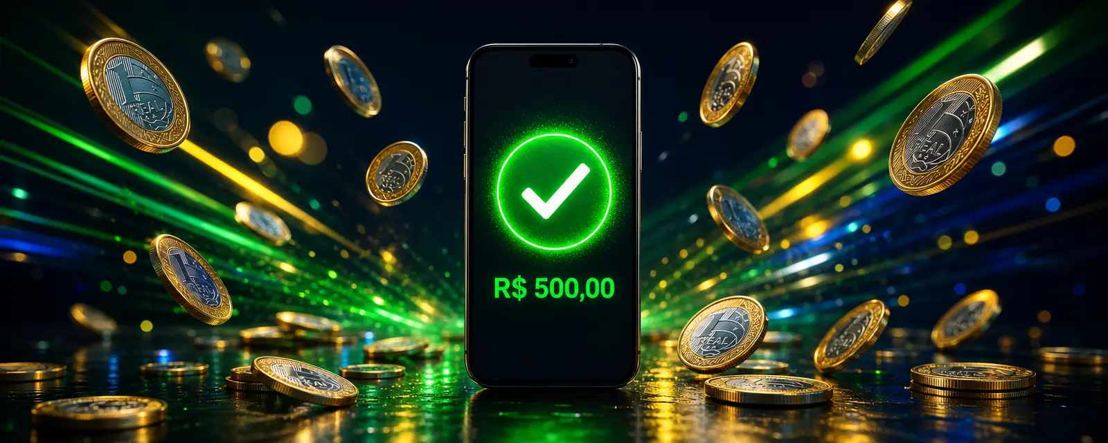 Celular mostrando um pagamento instantâneo concluído com moedas de real e um sinal verde de confirmação Celular mostrando um pagamento instantâneo concluído com moedas de real e um sinal verde de confirmação