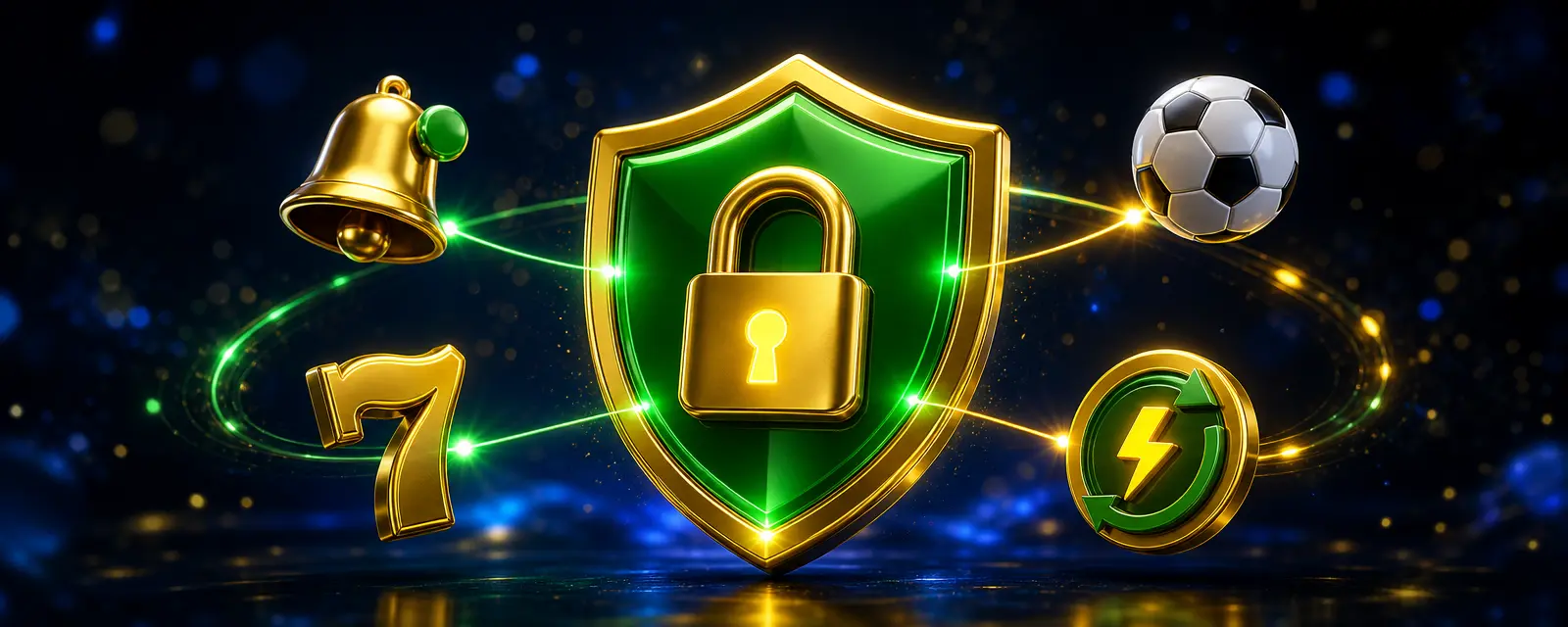 Escudo verde e dourado com cadeado cercado por um sino de notificação, um sete da sorte, uma bola de futebol e uma moeda com raio, representando os recursos e a segurança do app Escudo verde e dourado com cadeado cercado por um sino de notificação, um sete da sorte, uma bola de futebol e uma moeda com raio, representando os recursos e a segurança do app