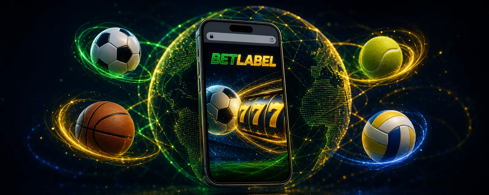 Celular com o navegador aberto no site de apostas e cassino, cercado por um globo iluminado e ícones de esportes Celular com o navegador aberto no site de apostas e cassino, cercado por um globo iluminado e ícones de esportes