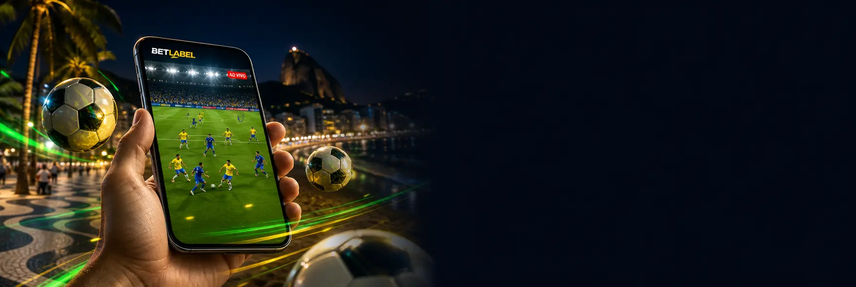 Celular com o app da BetLabel aberto numa partida de futebol ao vivo, com a orla de Copacabana iluminada à noite ao fundo
