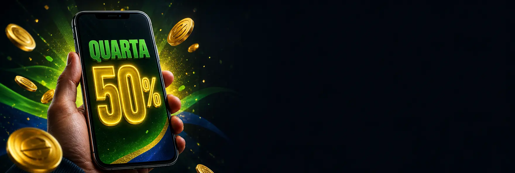 Celular com uma oferta de recarga de quarta-feira e moedas douradas, com brilho verde e amarelo ao fundo