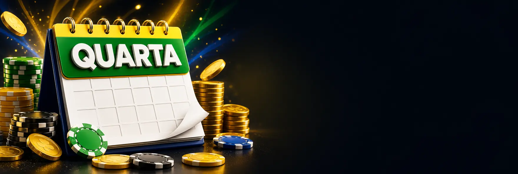 Calendário com a quarta-feira destacada em verde e amarelo, moedas de ouro e fichas de cassino