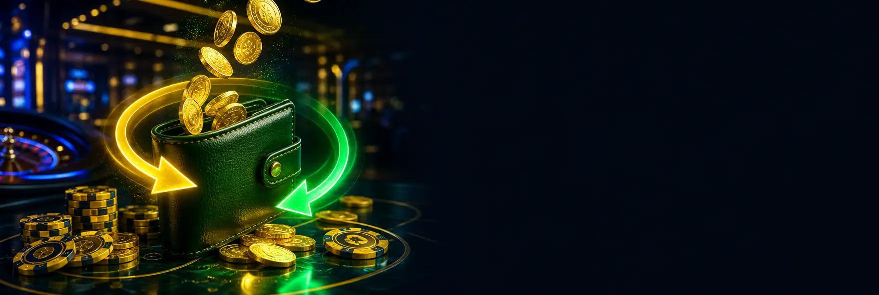 Carteira verde recebendo moedas de ouro com setas circulares de cashback e fichas amarelas