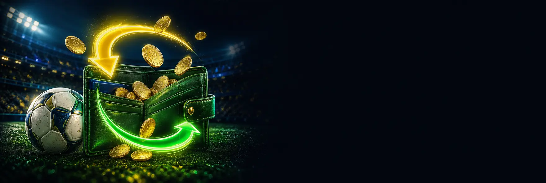 Moedas douradas voltando para uma carteira verde com setas circulares de cashback sobre um estádio noturno