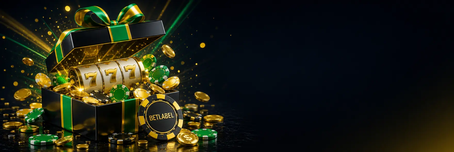 Caixa de presente preta com fita verde e amarela liberando moedas de ouro, fichas e rodadas de caça-níquel